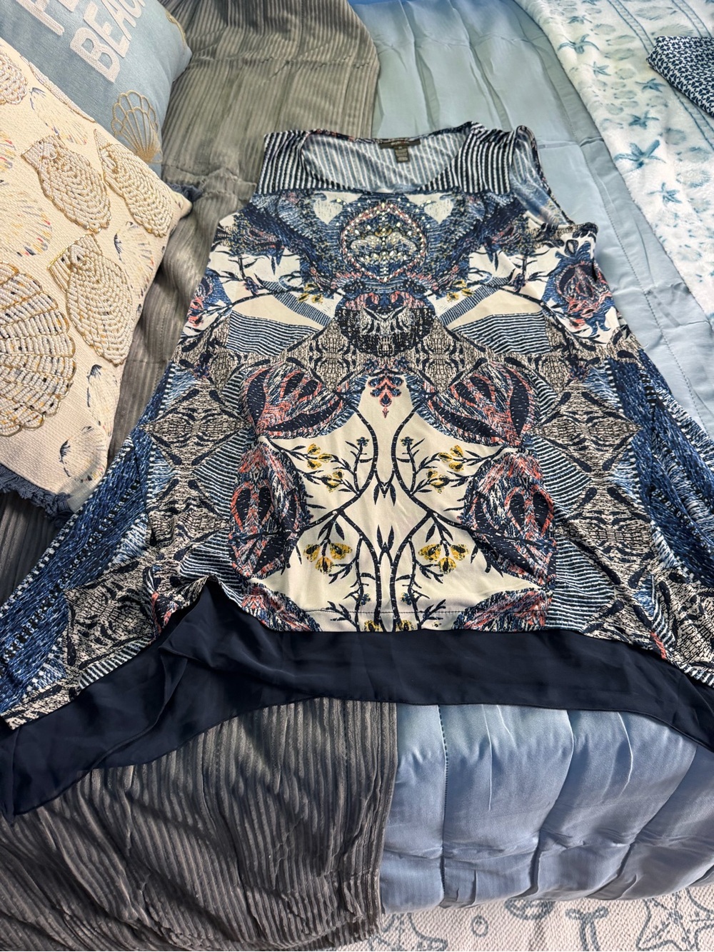 Style & Co. Navy Blue Patterned Sleeveless Blouse
